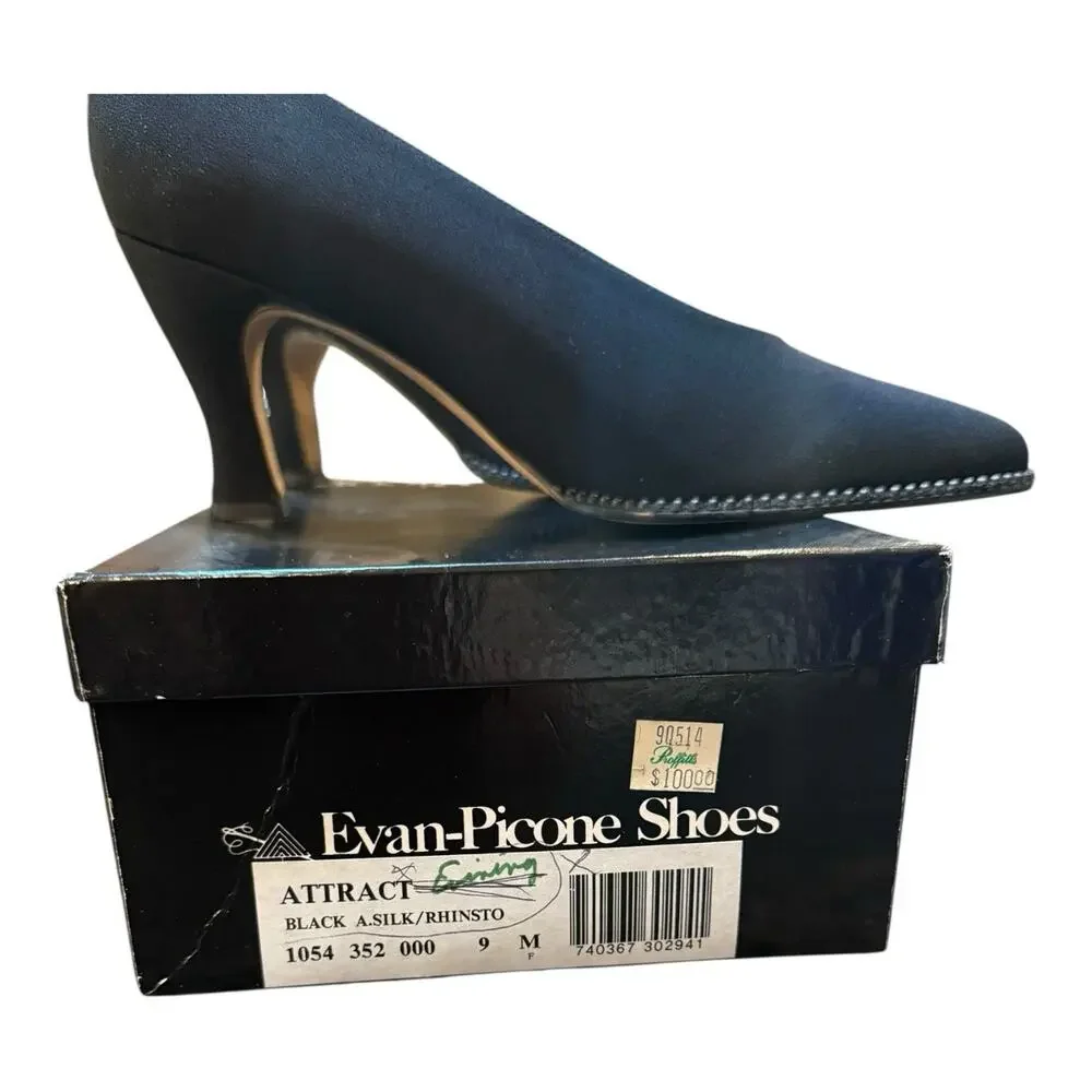 Evan Picone‎ Black Silk Pumps Classic with Rhinestone Detail Sz 9B EUC